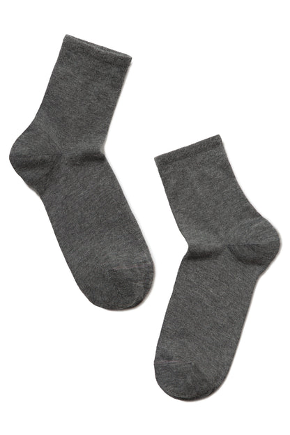 A pair of charcoal grey ankle socks displayed flat against a plain white background.