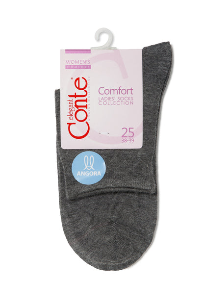A pair of grey women's socks folded on a branded paper hanger with a small circular blue sticker indicating Angora material.