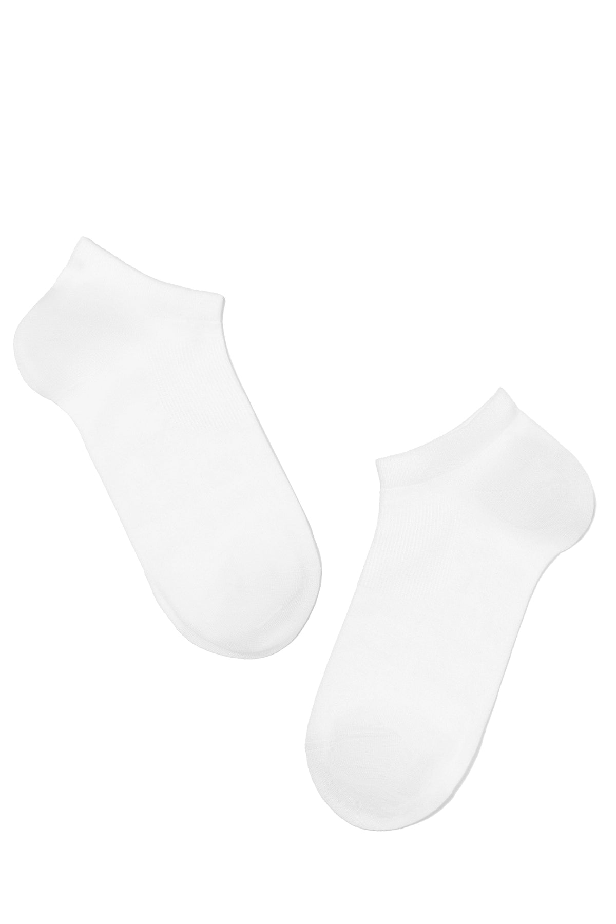 A pair of plain white low-cut ankle socks laid flat against a white background.