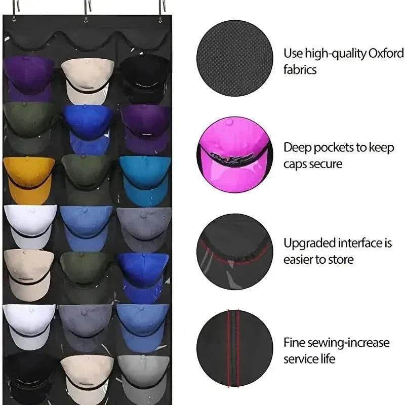 Visible Baseball Hat Rack for Wall Door with 3 Hooks 24 Deep Pockets - A-1 Thread Vault
