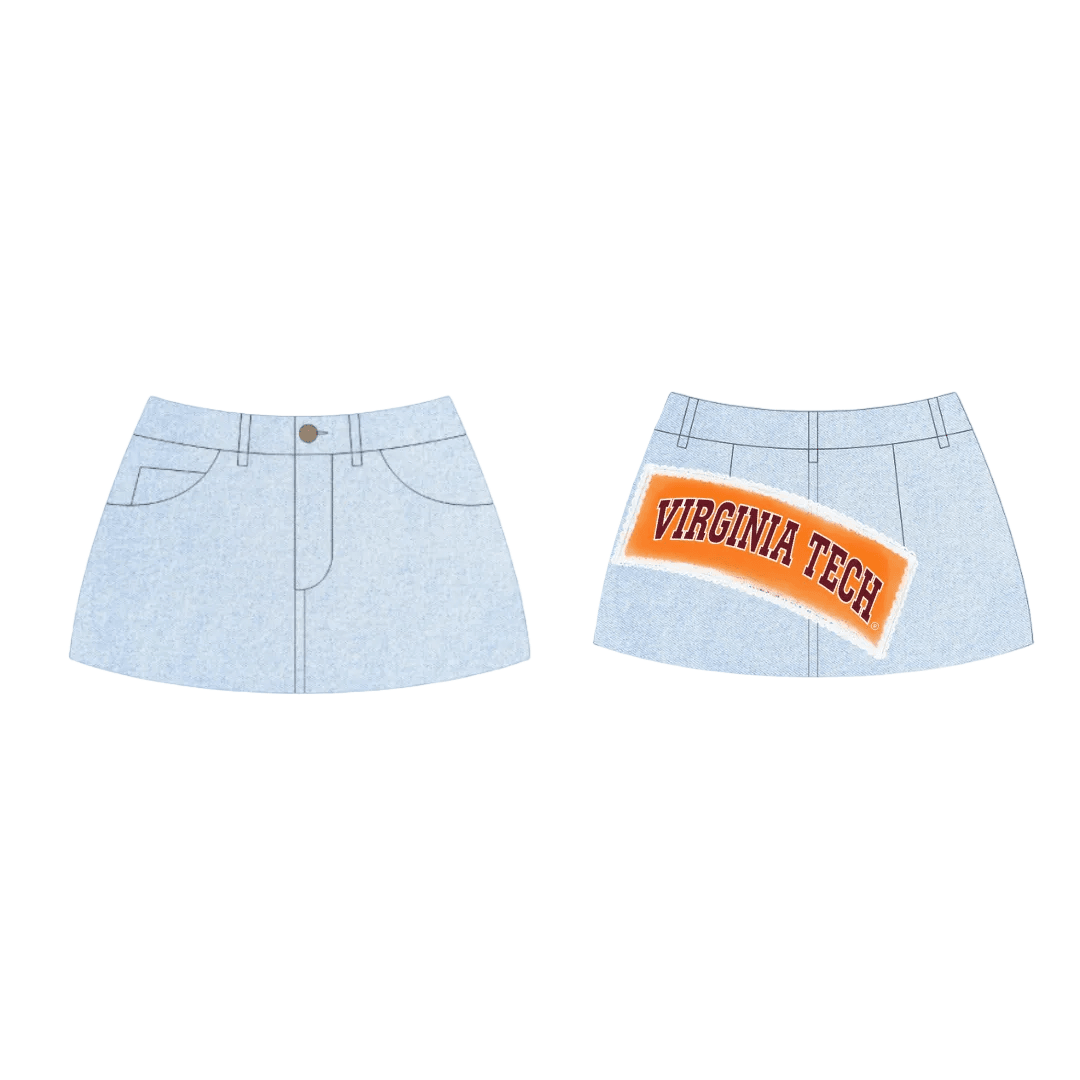A light blue denim mini skirt shown from the front and back, with an orange and white Virginia Tech patch featured on the back view.
