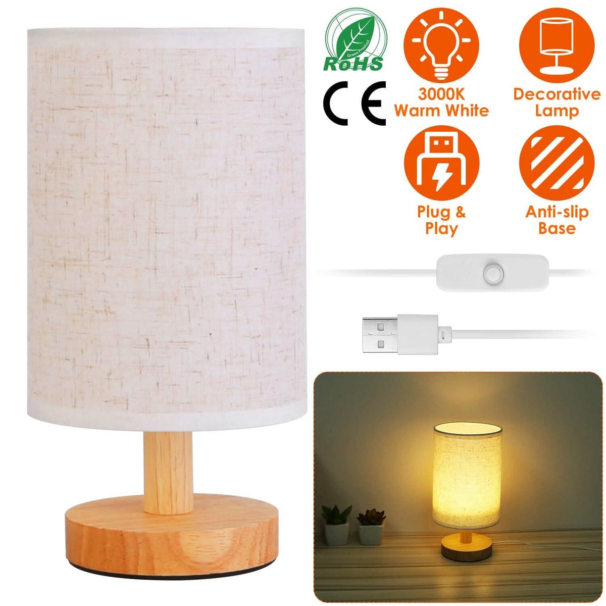 Warm White Nightstand Lamp USB Plug Modern Lantern - A-1 Thread Vault