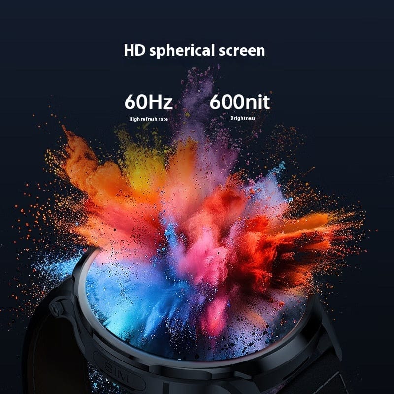 A close-up of a circular smartwatch with a black frame displaying a vibrant, multi-colored paint explosion on its screen against a dark background, featuring text overlays for screen specifications.