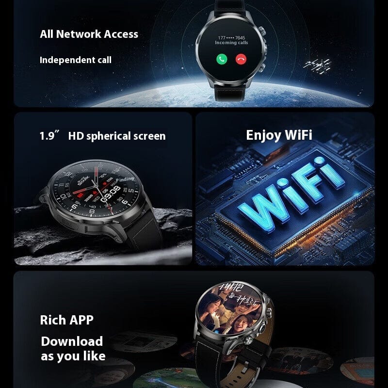 A black circular smartwatch displays incoming call information, a high-definition analog watch face, WiFi capabilities, and various application icons on its screen.
