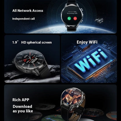 A black circular smartwatch displays incoming call information, a high-definition analog watch face, WiFi capabilities, and various application icons on its screen.
