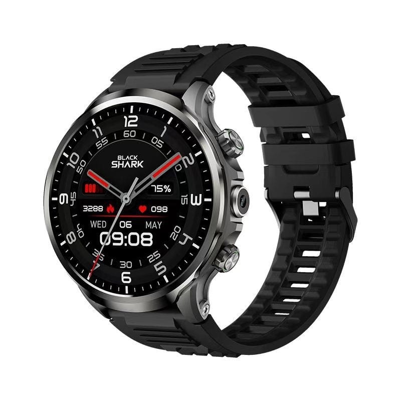 A black circular smartwatch with a rugged grey metal casing and a textured silicone strap displayed at an angle against a white background.