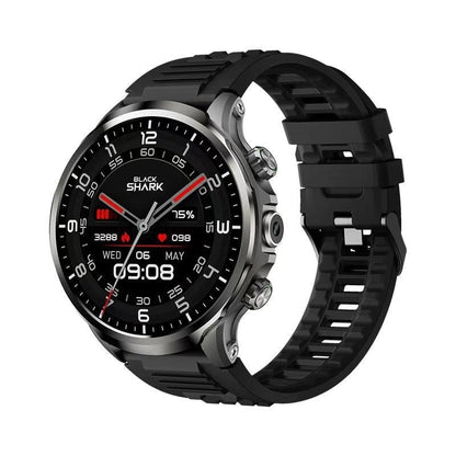 A black circular smartwatch with a rugged grey metal casing and a textured silicone strap displayed at an angle against a white background.