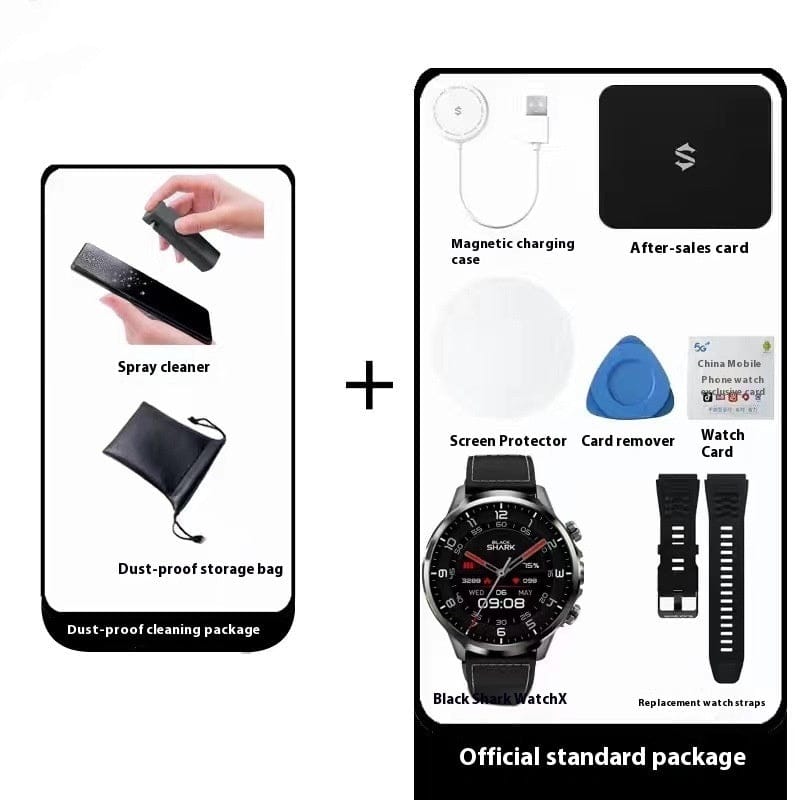 A Black Shark WatchX smartwatch package including a magnetic charging case, screen protector, card remover, watch card, dust-proof bag, spray cleaner, and a set of replacement watch straps.