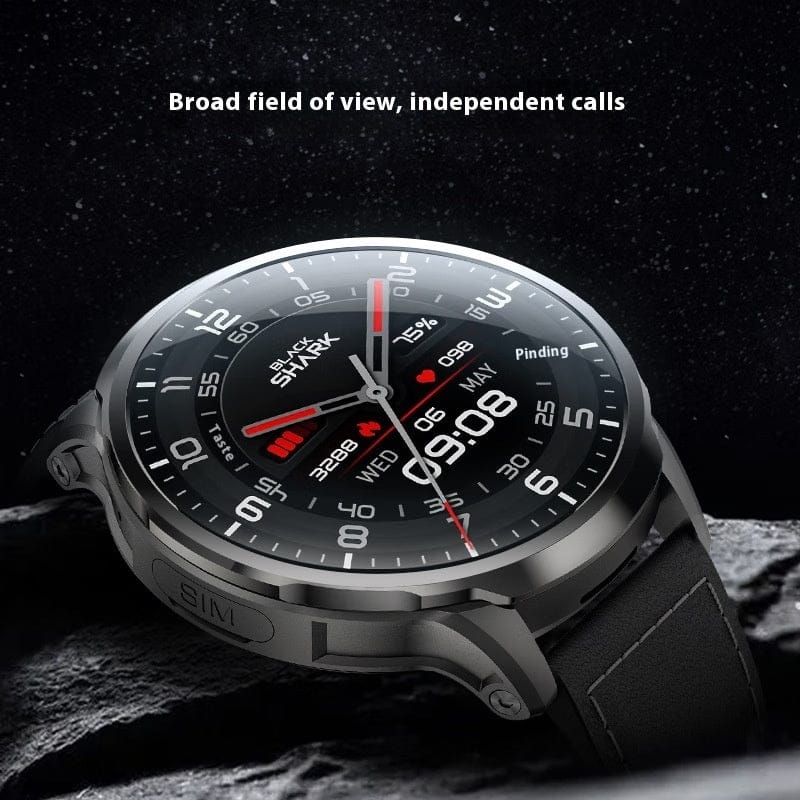 A round smartwatch with a black screen and silver frame displays a digital time, date, and activity statistics while resting on a piece of dark, jagged volcanic rock.