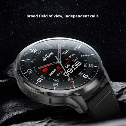 A round smartwatch with a black screen and silver frame displays a digital time, date, and activity statistics while resting on a piece of dark, jagged volcanic rock.