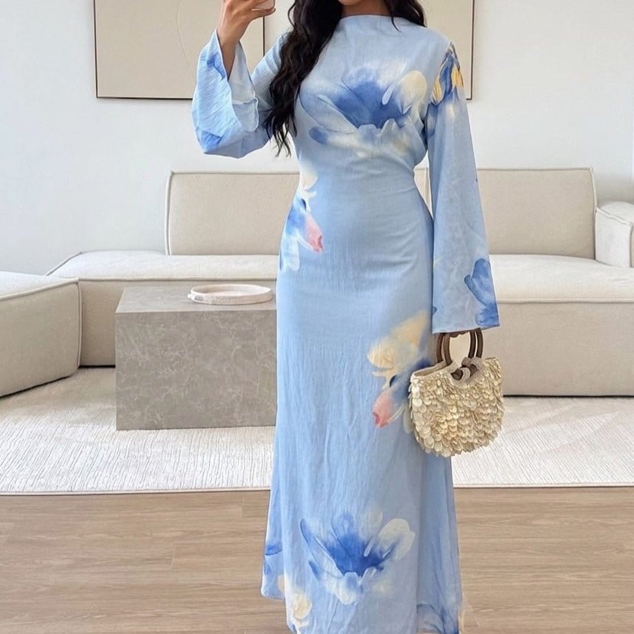 Watercolour Floral Washed-Crinkle Wide-Sleeve Maxi Dress(MS473) - A-1 Thread Vault