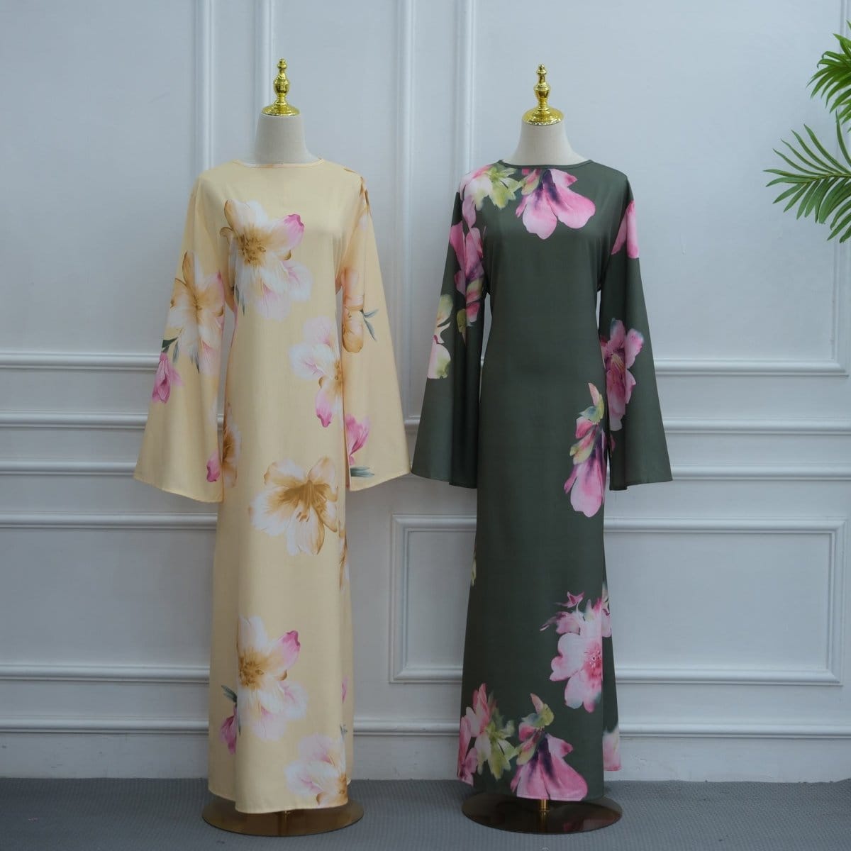 Watercolour Floral Washed-Crinkle Wide-Sleeve Maxi Dress(MS473) - A-1 Thread Vault