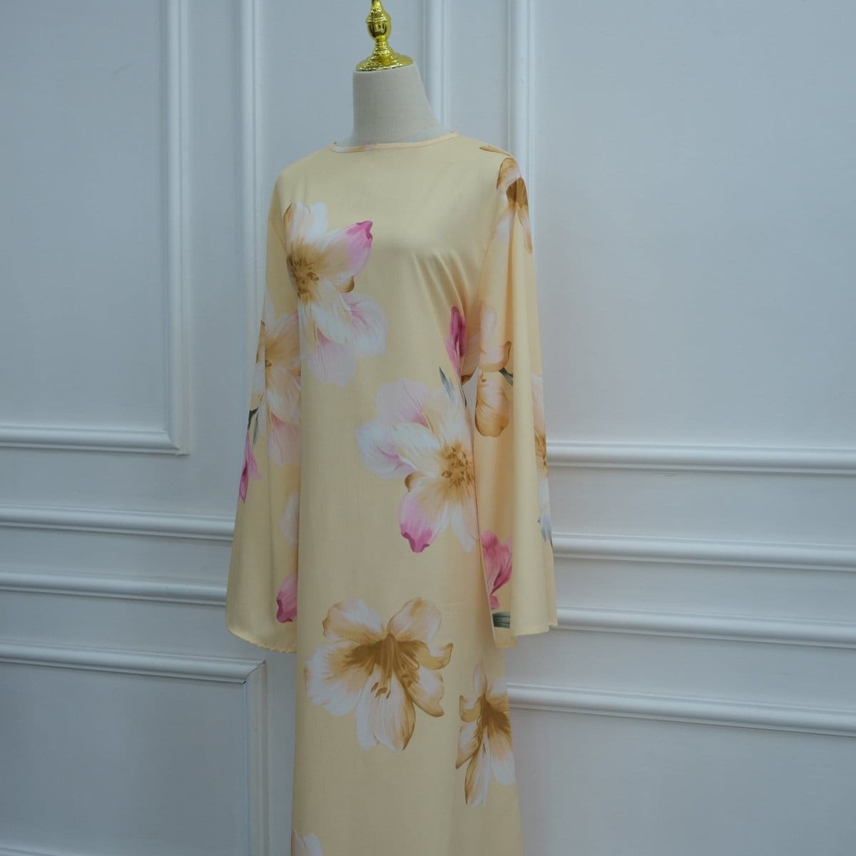 Watercolour Floral Washed-Crinkle Wide-Sleeve Maxi Dress(MS473) - A-1 Thread Vault