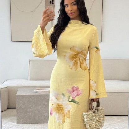 Watercolour Floral Washed-Crinkle Wide-Sleeve Maxi Dress(MS473) - A-1 Thread Vault