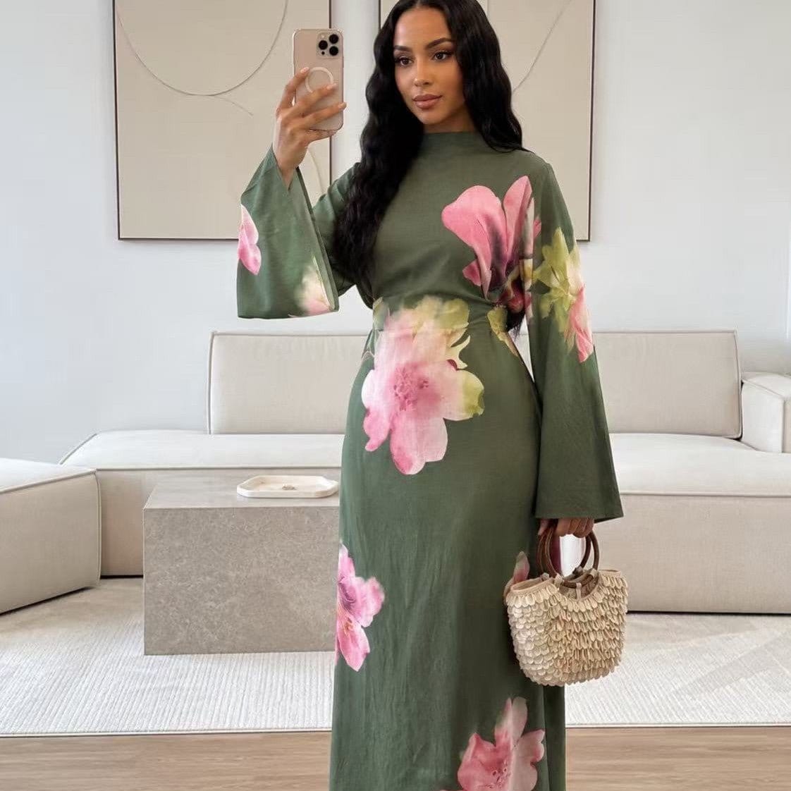 Watercolour Floral Washed-Crinkle Wide-Sleeve Maxi Dress(MS473) - A-1 Thread Vault