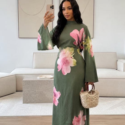 Watercolour Floral Washed-Crinkle Wide-Sleeve Maxi Dress(MS473) - A-1 Thread Vault