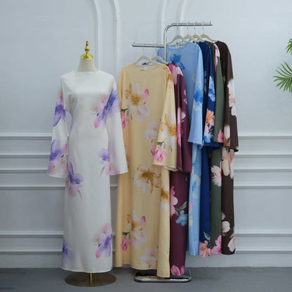 Watercolour Floral Washed-Crinkle Wide-Sleeve Maxi Dress(MS473) - A-1 Thread Vault