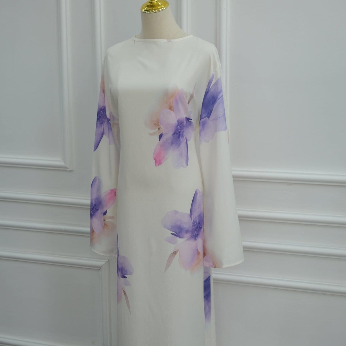 Watercolour Floral Washed-Crinkle Wide-Sleeve Maxi Dress(MS473) - A-1 Thread Vault
