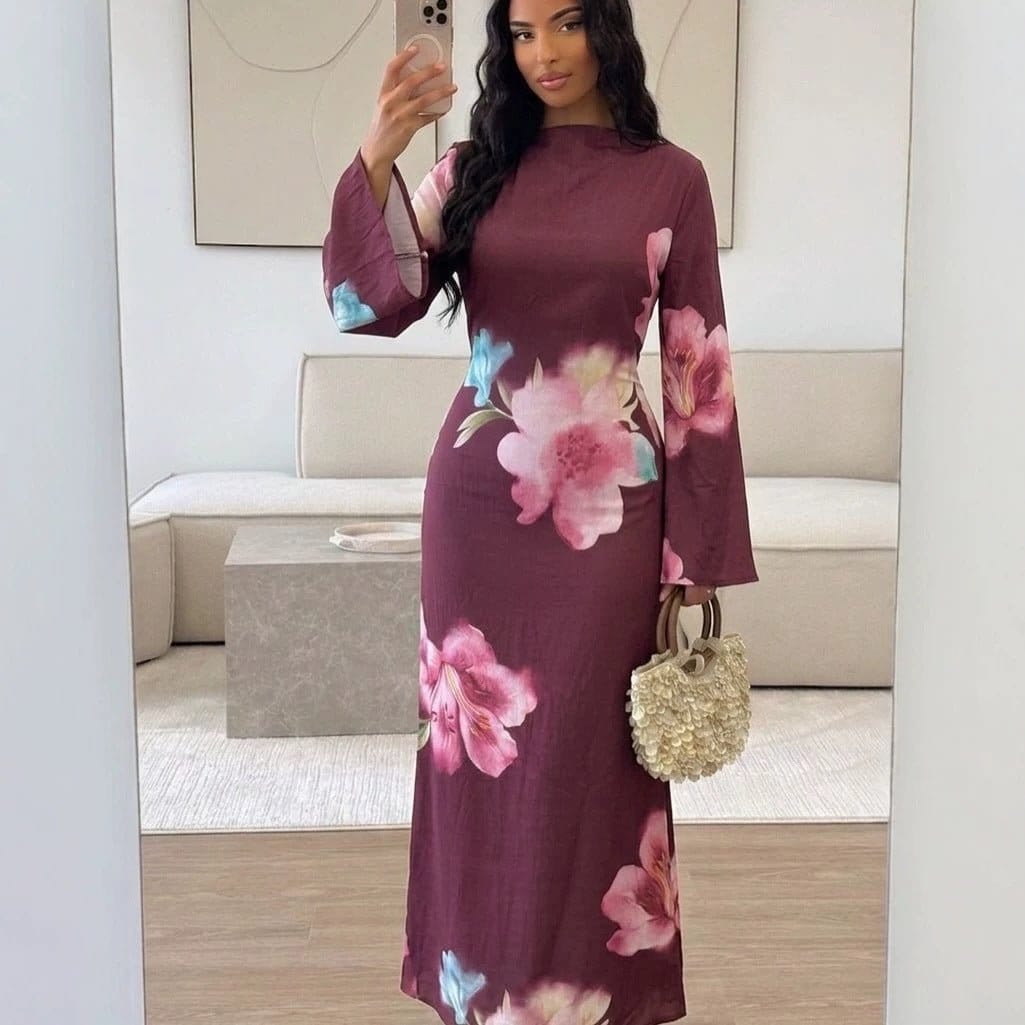 Watercolour Floral Washed-Crinkle Wide-Sleeve Maxi Dress(MS473) - A-1 Thread Vault