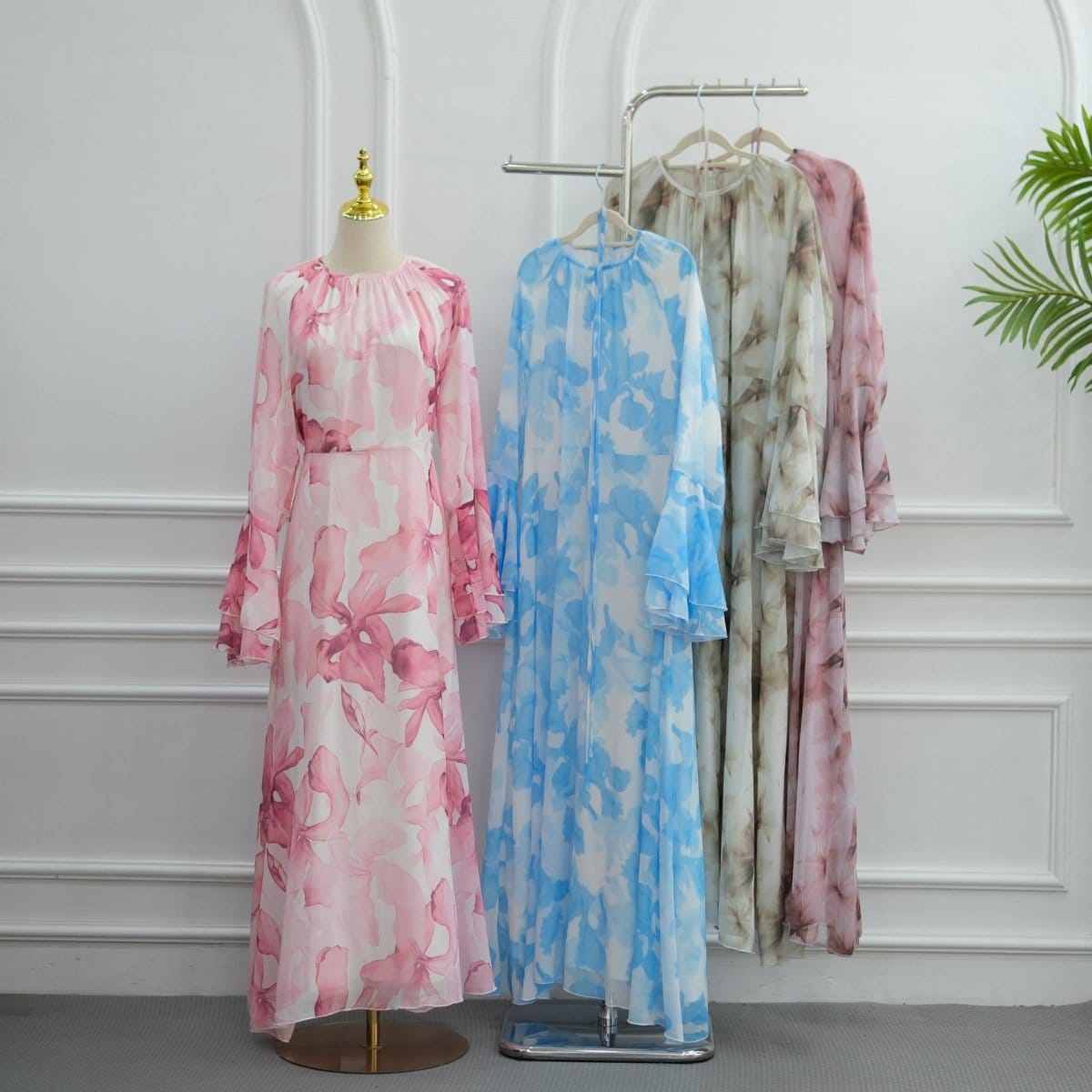 Watercolour Print Double-Layer Flared-Sleeve Maxi Dress(MS479) - A-1 Thread Vault