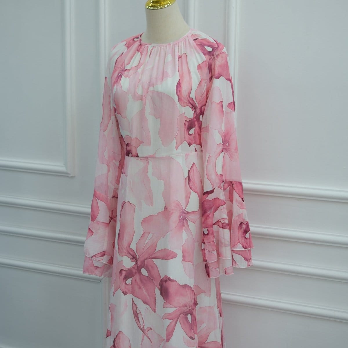 Watercolour Print Double-Layer Flared-Sleeve Maxi Dress(MS479) - A-1 Thread Vault