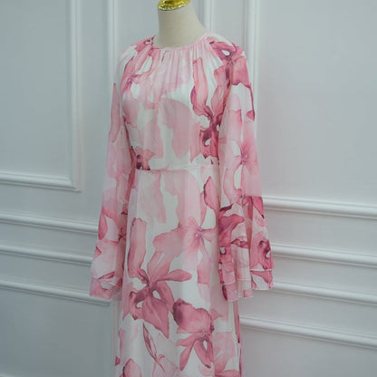Watercolour Print Double-Layer Flared-Sleeve Maxi Dress(MS479) - A-1 Thread Vault
