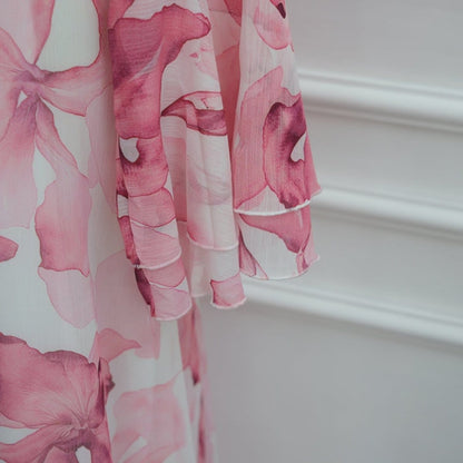 Watercolour Print Double-Layer Flared-Sleeve Maxi Dress(MS479) - A-1 Thread Vault