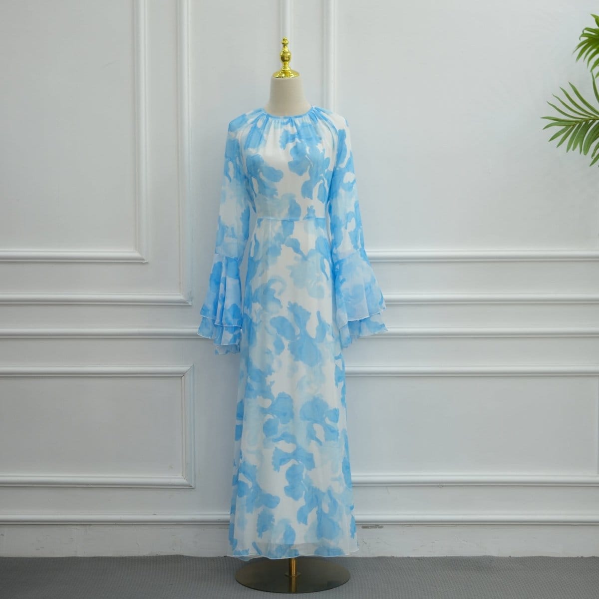 Watercolour Print Double-Layer Flared-Sleeve Maxi Dress(MS479) - A-1 Thread Vault