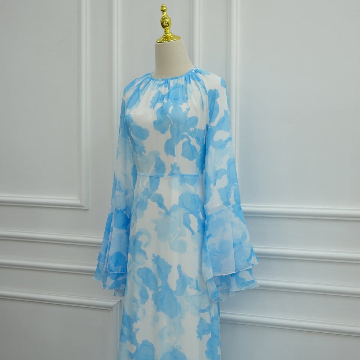 Watercolour Print Double-Layer Flared-Sleeve Maxi Dress(MS479) - A-1 Thread Vault