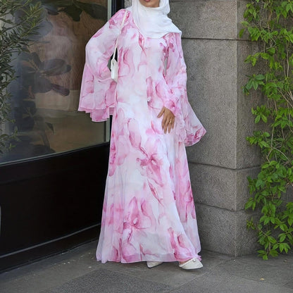 Watercolour Print Double-Layer Flared-Sleeve Maxi Dress(MS479) - A-1 Thread Vault
