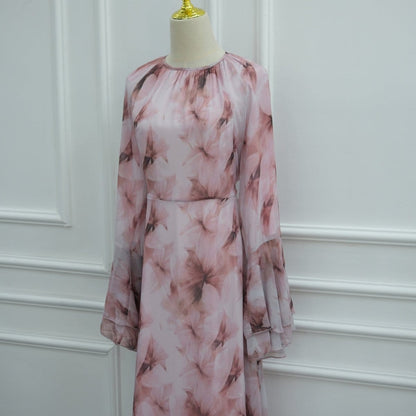 Watercolour Print Double-Layer Flared-Sleeve Maxi Dress(MS479) - A-1 Thread Vault