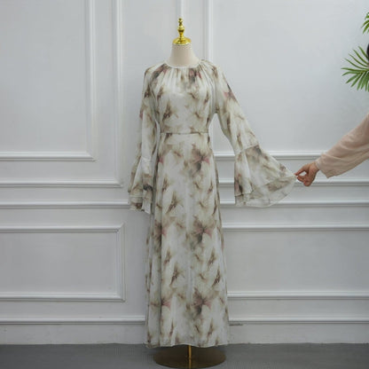 Watercolour Print Double-Layer Flared-Sleeve Maxi Dress(MS479) - A-1 Thread Vault