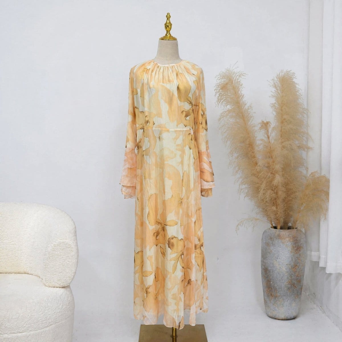 Watercolour Print Double-Layer Flared-Sleeve Maxi Dress(MS479) - A-1 Thread Vault