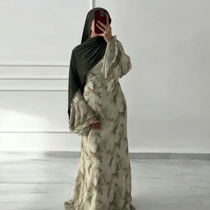 Watercolour Print Double-Layer Flared-Sleeve Maxi Dress(MS479) - A-1 Thread Vault