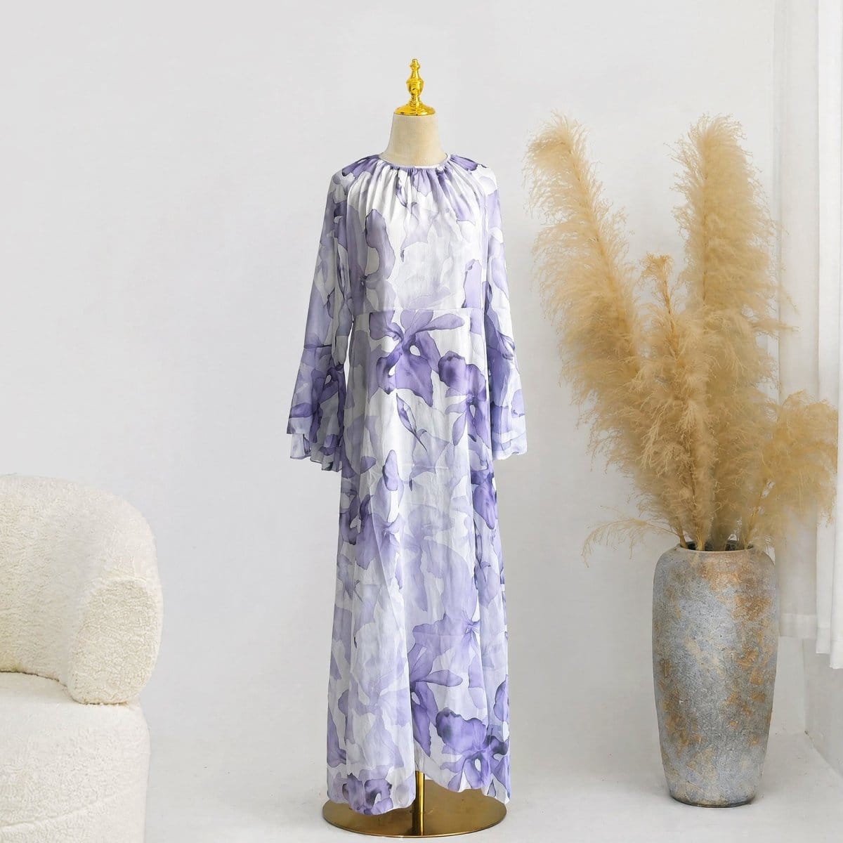 Watercolour Print Double-Layer Flared-Sleeve Maxi Dress(MS479) - A-1 Thread Vault