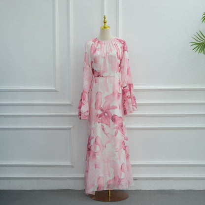 Watercolour Print Double-Layer Flared-Sleeve Maxi Dress(MS479) - A-1 Thread Vault