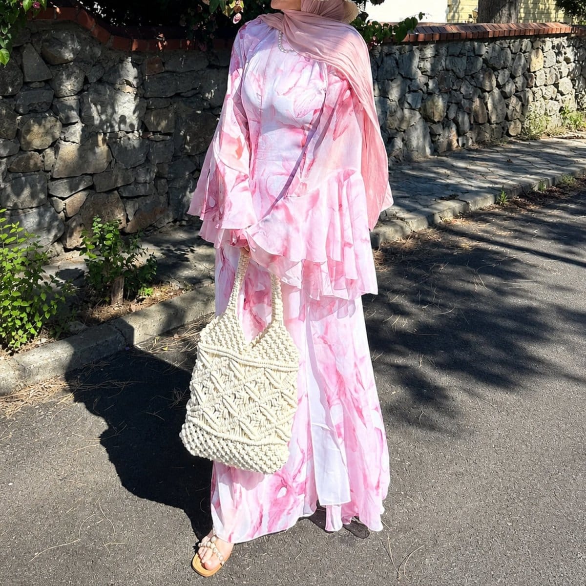 Watercolour Print Double-Layer Flared-Sleeve Maxi Dress(MS479) - A-1 Thread Vault