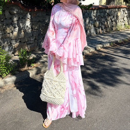 Watercolour Print Double-Layer Flared-Sleeve Maxi Dress(MS479) - A-1 Thread Vault