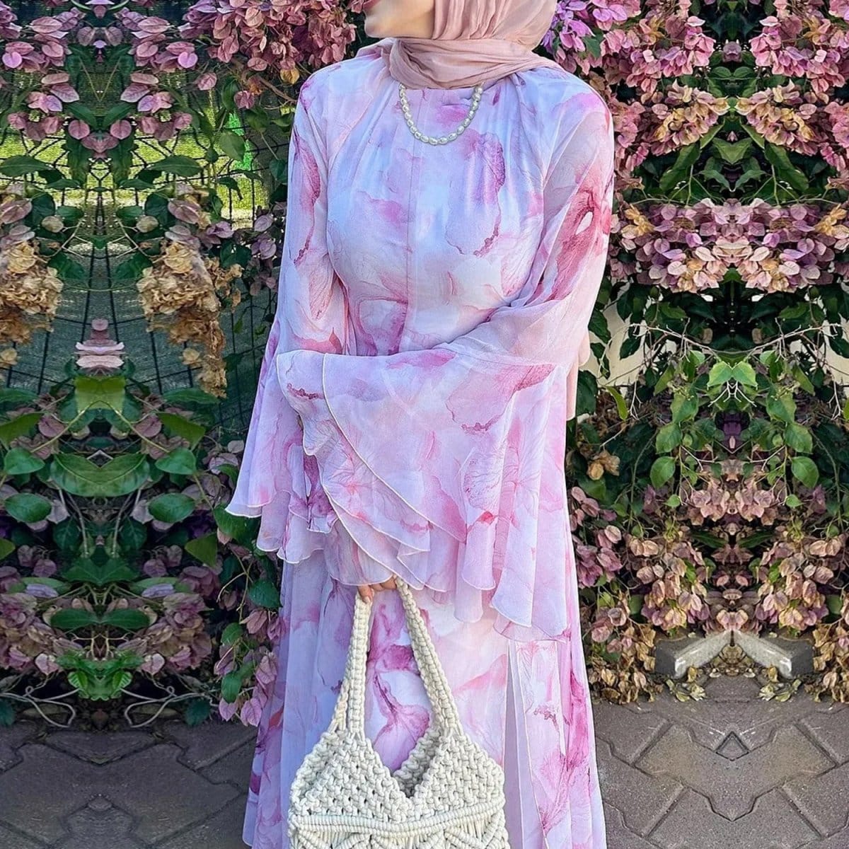 Watercolour Print Double-Layer Flared-Sleeve Maxi Dress(MS479) - A-1 Thread Vault