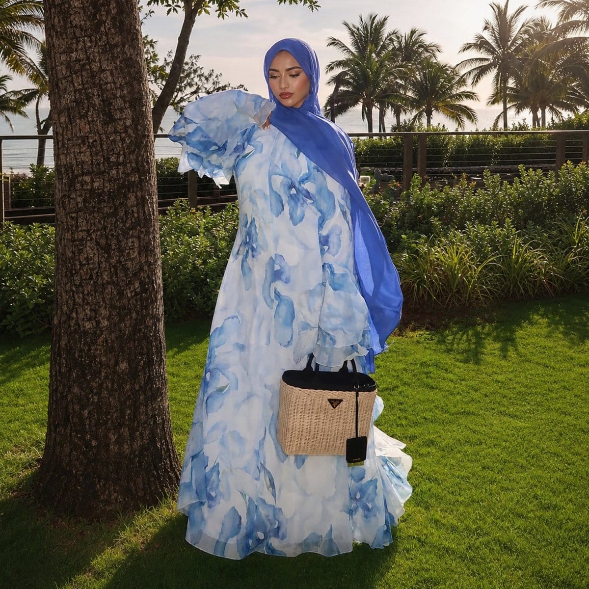 Watercolour Print Double-Layer Flared-Sleeve Maxi Dress(MS479) - A-1 Thread Vault