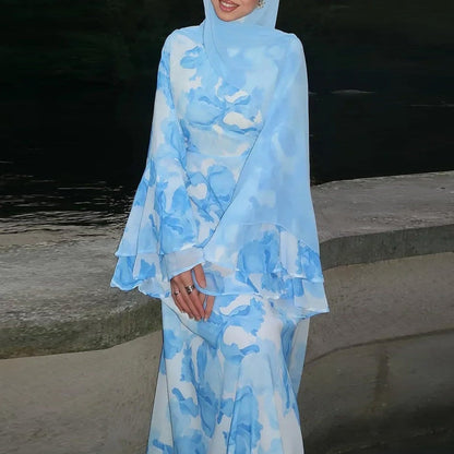 Watercolour Print Double-Layer Flared-Sleeve Maxi Dress(MS479) - A-1 Thread Vault
