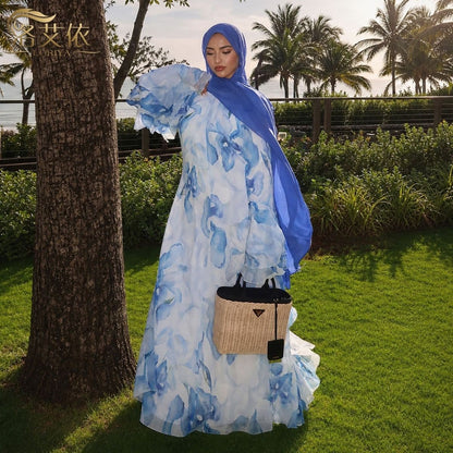 Watercolour Print Double-Layer Flared-Sleeve Maxi Dress(MS479) - A-1 Thread Vault