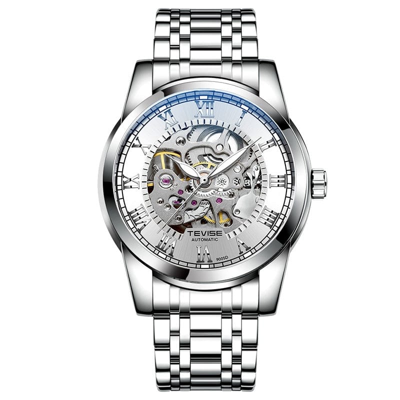 A silver-toned automatic wristwatch with a round case and a stainless steel link bracelet, featuring a skeletonized dial that displays the inner mechanical movement and Roman numeral hour markers.
