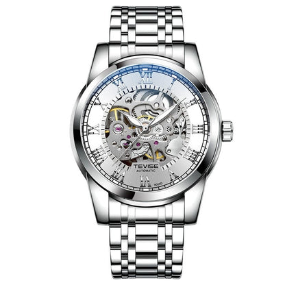 A silver-toned automatic wristwatch with a round case and a stainless steel link bracelet, featuring a skeletonized dial that displays the inner mechanical movement and Roman numeral hour markers.