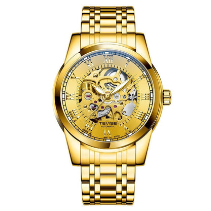 A gold-toned automatic skeleton watch with a circular case, gold dial featuring Roman numerals, and a matching gold multi-link metal bracelet.