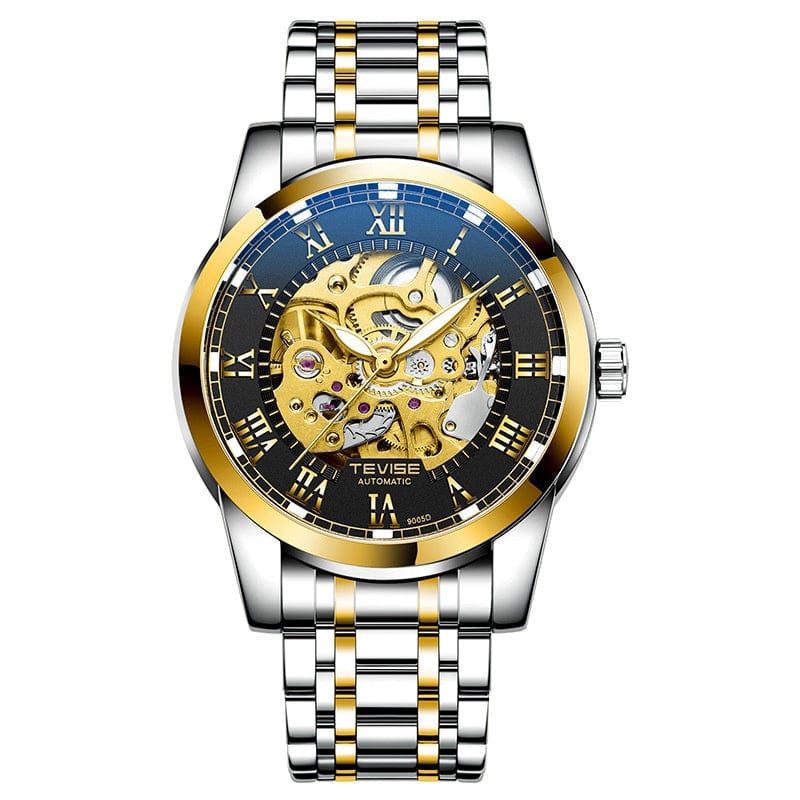 A men's two-tone silver and gold stainless steel analog wristwatch with a skeleton dial showing the mechanical movement and Roman numeral hour markers.