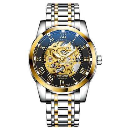 A men's two-tone silver and gold stainless steel analog wristwatch with a skeleton dial showing the mechanical movement and Roman numeral hour markers.