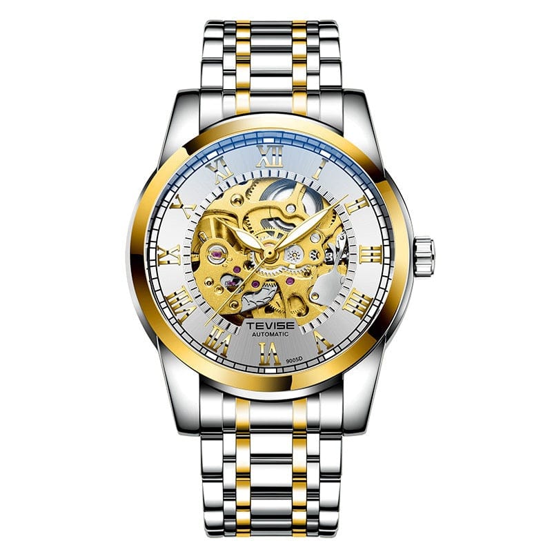 An analog wristwatch with a silver and gold-tone metal link strap, a round gold-tone bezel, and a white dial featuring an exposed mechanical movement and Roman numeral hour markers.