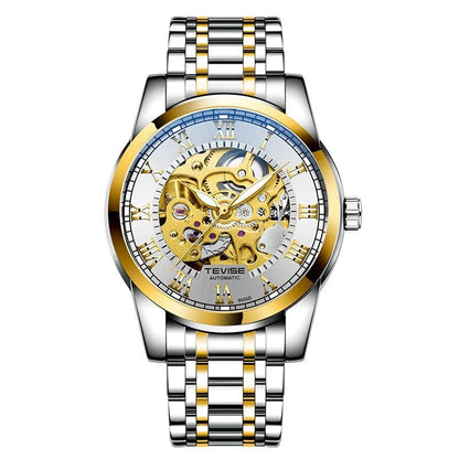 An analog wristwatch with a silver and gold-tone metal link strap, a round gold-tone bezel, and a white dial featuring an exposed mechanical movement and Roman numeral hour markers.