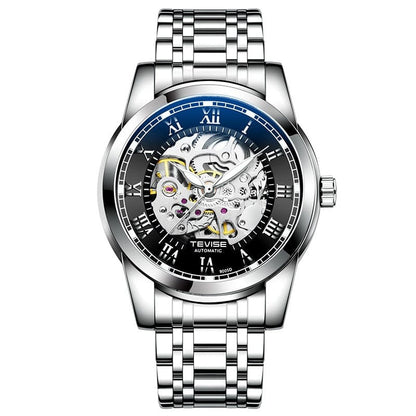 A silver-toned stainless steel automatic watch with a skeleton dial, featuring Roman numeral hour markers on a black outer ring and a link bracelet.
